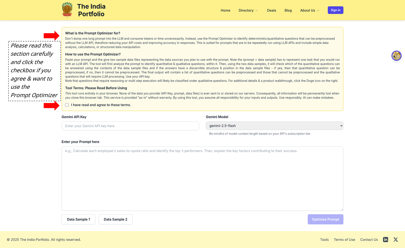 Prompt Optimizer Page Load Screenshot | The India Portfolio