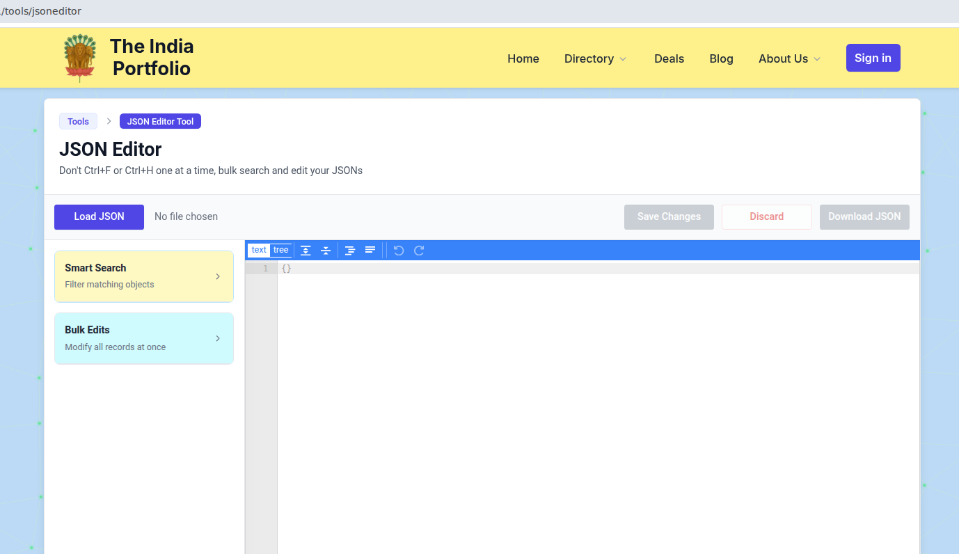 JSON Editor Load Screen | The India Portfolio
