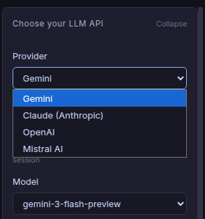 LLM provider dropdown options